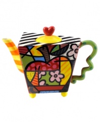 Pop art turned teapot. Shaped with the vivid colors and bold patterns of renowned pop artist Romero Britto, the Apple teapot serves it's purpose at the table and on display.