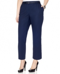 Maintain a professional look in warmer temps with Charter Club's cropped plus size pants, featuring a control panel and belted waist.
