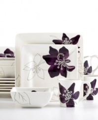 Hand-painted purple and white flowers sprawl across this square dinnerware set, giving your tabletop a contemporary vibe. In glazed earthenware, the Anna Plum set from the Laurie Gates collection of dinnerware and dishes is an easy way to spruce up your decor for small gatherings or quiet nights at home.