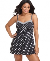 A classic polka dot print gives 24th & Ocean's plus size swimdress a feminine look! The skirted bottom gives you the coverage you want, too.