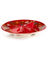 Very crafty. The sectioned Pasha platter appeals with a homespun look and feel in organically shaped, artfully hand-painted earthenware from Tabletops Unlimited. With a hidden design on its base.