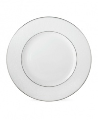 Beautiful and bridal-inspired, this classic white plate is richly textured with a delicate floral motif and raised, beaded accents. Finished with a band of polished platinum. Qualifies for Rebate