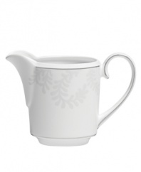 With a modern white-on-white pattern in durable bone china, the Trailing Vines creamer by Vera Wang promises a lifetime of exquisite dining. Trimmed in polished platinum.