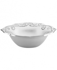 With a feminine edge and pretty perforated detail, this small French Perle bowl holds fruit, sides or simply decorates tables with decidedly vintage charm. A brilliant complement to French Perle dinnerware. Qualifies for Rebate