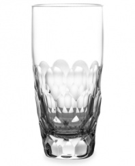 Highball glasses crafted with an elegant cut jewel-like pattern and heavy bases. This crystal barware offers a smooth, comfortable grip and extraordinary luster.