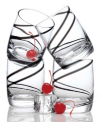 Add whimsy to your next cocktail party with this stylishly swirled glassware set. A black ribbon in clear glass lends these sturdy double old fashioned glasses a sophisticated twist.