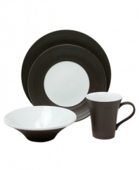 Chef Wolfgang Puck extends good taste to your table with Brasserie dinnerware. Dishwasher and microwave safe, the casual porcelain 4-piece place settings feature an interior glaze and ridged, matte brown edge for easy, modern appeal.
