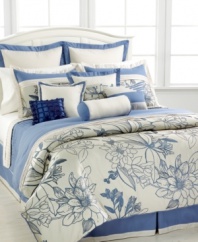 On cloud nine. Rest upon a bed of flowers with this 5th & Bloom comforter set, boasting an oversized floral silhouette design in serene blue and ivory colors. Solid-colored elements and five decorative pillows with distinct textures and designs complete this soothing ensemble.