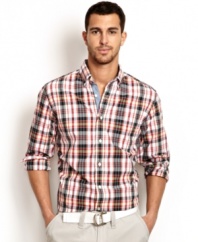 This large plaid print woven shirt from Nautica adds some preppy polish to your casual look.