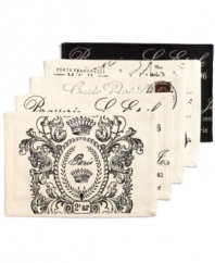 We'll always have Paris. Bring out your inner traveler with the Vintage Traveler Paris Placemats from Park B. Smith, featuring a Parisian-inspired motif in a classic black and ivory palette.