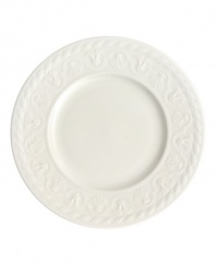 Distinguished by rich relief patterns in milky white china, the Cellini collection brings European classicism to the table. Bread and butter plate is adorned with an ornate braided edge and scroll-patterned rim. Microwave and dishwasher safe.