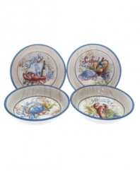 Fresh catch. See your food in a nautical setting with the vivid illustrations and wooden pier motif of Seafood Market bowls. Sculpted blue rope adds to their oceanside charm.