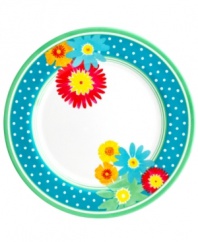 Garden party. A must for summer, melamine dinner plates by Martha Stewart Collection are easy to transport and prettily patterned with daisies and dots for festive al fresco entertaining.