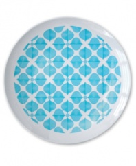Now starring in casual meals, Jonathan Adler's Hollywood dinner plates pair retro graphics and vibrant teal in totally fun and fuss-free melamine.