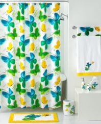 Colorful butterflies in uplifting shades of blue, green and yellow accent your Vera Flights of Fancy shower curtain with style and whimsy.