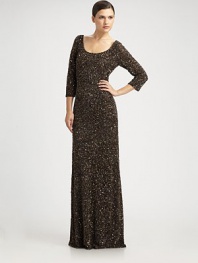 Glamorous allover sequins and beads add sparkle to this stunning floor-length style.Scoopneck Three-quarter sleeves Low scooped back Concealed back zip Fully lined About 45 from natural waist Nylon Spot clean Imported