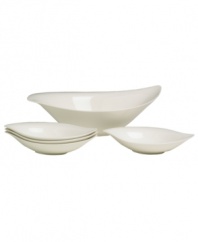 Fresh modern from Villeroy & Boch dinnerware. These dishes are sheer white china in leaf form that inspires naturally harmonious dining. The soft fluidity of each bowl and radiant glaze give this 5-piece pasta or salad set quiet elegance and lasting appeal.