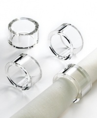 Enhance linens of any color and pattern with Marianna napkin rings from Oleg Cassini. Heavy optic glass cut in a flawless circle adds designer shine to well-dressed tables. A beautiful gift for the perpetual host or bride-to-be.