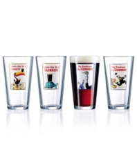 A taste of nostalgia with every pint! Guinness pub glasses featuring four brilliant, animal-centric advertising prints invite you to exclaim, My Goodness, My Guinness! while savoring the legendary stout. Fun gift for beer enthusiasts and collectors.