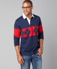 Crisp argyle ups a sporty standard for collegiate appeal. This Tommy Hilfiger rugby shirt is an all-around winner.