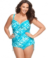 Coco Reef's plus size tankini top works in trendy tie dye with a bright, bold beach look.