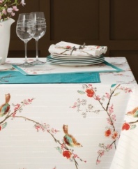Set the scene for spring with Chirp table linens. Watercolor-inspired birds and florals from the beloved Lenox pattern thrive on the microfiber table runner, featuring strands of tonal beads on white, easy-care polyester.