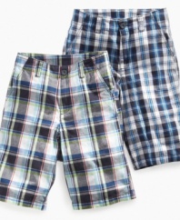 Playful in plaid. Get him ready for the day in these stylish and comfortable flat-front shorts from Nautica.