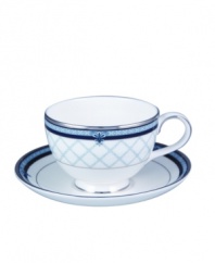 Set the table with English country charm with the Countess Collection form Royal Doulton. A charming lattice design is accented by cobalt and silver bands as well as delicate paisley flowers. Teacup shown front.