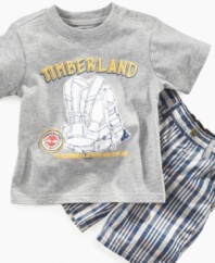 Take a hike! He'll be set go exploring with this cute tee shirt and plaid short set from Timberland.