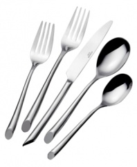 Ultra-modern flatware with a slender profile and bias cut elicits tabletop intrigue at even the most ordinary meals. In lustrous stainless steel with substantial weight, this set includes casual-chic service for 8.