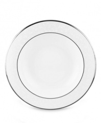 Pure opulence. Posh opalescence. This classically designed line of Lenox dinnerware and dishes is accented by a platinum rim and a delicate flourish of vine-like, white-on-white imprints with raised, iridescent enamel dots. Great gift for a housewarming, wedding or yourself. Qualifies for Rebate