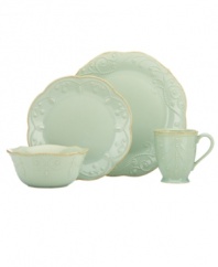 With fanciful beading and feminine shapes, Lenox French Perle place settings have an irresistibly old-fashioned sensibility. Hard-wearing stoneware is dishwasher safe and, in an ethereal ice-blue hue with antiqued trim, a graceful addition to every meal. Qualifies for Rebate
