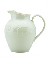 With fanciful beading and a feminine edge, this Lenox French Perle pitcher has an irresistibly old-fashioned sensibility. Hardwearing stoneware is dishwasher safe and, in an ethereal ice-blue hue with antiqued trim, a graceful addition to every meal. Qualifies for Rebate