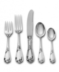 A scrolling floral-inspired pattern adorns this charming place settings collection, while the gentle teardrop shape and slightly scalloped handle make a lovely display for any tabletop. 5-piece place setting includes 1 dinner fork, 1 salad fork, 1 soup spoon, 1 teaspoon and 1 knife.