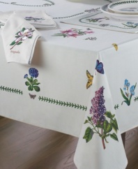 With lively florals reminiscent of Botanic Garden dinnerware, this Portmeirion tablecloth brings good-natured charm to the casual table in a machine washable blend.
