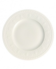 Distinguished by rich relief patterns in milky white china, the Cellini collection brings European classicism to the table. Salad plate is adorned with an ornate braided edge and floret-patterned rim. Microwave and dishwasher safe.