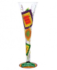 Drink to yet another year of fun with the Happy Anniversary champagne flute. A colorful memento of your love, this hand-painted Lolita glass ensures an explosion of cheer with every toast. Celebrate with the cocktail recipe on its base.