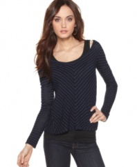 This light-as-air top from Calvin Klein Jeans features flattering stripes and semi-sheer fabric for easy layering. Pair it with skinny jeans and a cami for springtime style with a downtown edge.
