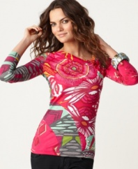 In a bold mixed floral print, this bright Desigual top will cheer up any winter wardrobe -- beading details add shine!