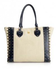 An ultra-chic tote with high-shine detailing is a modern girl must-have for the season ahead. Goldtone studs and whip stitch detailing decorate this soft straw tote by R&Em.