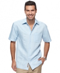 Add some polish to your casual look with this short-sleeved button-front shirt from Cubavera in breathable lightweight linen.