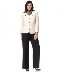 Kasper's latest plus size suit is all about striking contrasts, featuring a printed scarf, a cream-hued jacket with glossy enamel and goldtone buttons and a pair of sleek, solid black pants.