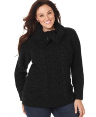 Plus size fashion that lets you bundle up in cozy comfort. This long sleeve sweater from Karen Scott's collection of plus size clothes is highlighted by a cable front and cowl neck. (Clearance)
