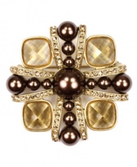 Rich and resplendent. Sumptuous style defines this exquisite brooch from Jones New York. With a square silhouette, it's crafted in gold tone mixed metal and embellished with topaz-hued beading and acrylic pearl accents. Item comes packaged in a signature gift box. Approximate size: 2 inches x 2 inches.