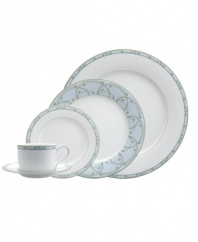 Inspire calm around the table with the effortless grace of Perennial Green dinnerware from Nikko. Green vines wind across swaths of pale blue in fine china place settings that are as durable as they are stylish.