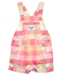 Pretty in plaid. She'll be a down-home cutie in laid-back shortalls from Osh Kosh.