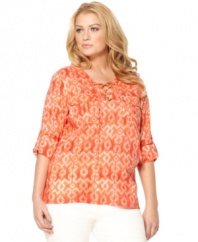 Lace-up a stylish look with MICHAEL Michael Kors' long sleeve plus size top, spotlighting a vibrant print.