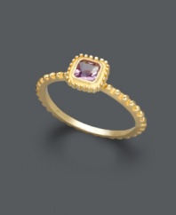 Sweet style perfect for stacking. Studio Silver's petite ring adds a bright pop of color with its purple cubic zirconia center stone (1/5 ct. t.w.) and 18k gold over sterling silver beaded setting. Sizes 7 and 8.