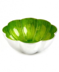 More than conversation blossoms around your table with a handcrafted Lemongrass Lotus bowl from Simply Designz. Polished aluminum lined in glossy enamel lends fresh color and shine to any dining area.