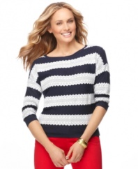 A chic knit sweater with lace stripes from Charter Club is a springtime essential! Pair it with vibrant pants for a classic look with a twist. (Clearance)